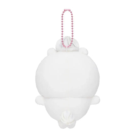 Back view of white plush birthday mascot keychain with pink beaded necklace