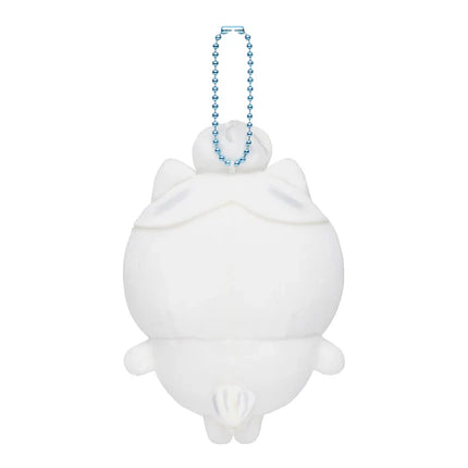Back view of white plush birthday mascot keychain with blue beaded necklace