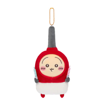 Red-and-white plush birthday mascot keychain with gold beaded loop and tall gray hat
