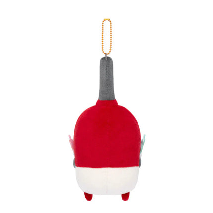 Back view of red-and-white plush birthday mascot keychain with gold beaded loop and tall gray hat