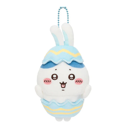 White plush Easter mascot hanging charm with blue bunny ears and egg shell outfit