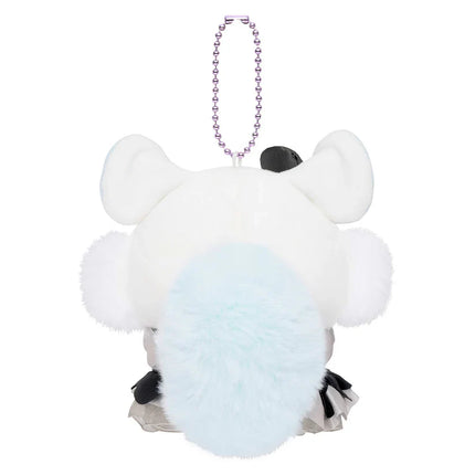 Back of white plush mascot keychain with long chain and light blue belly