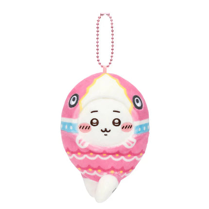 Pink plush hanging mascot with cat face and bead chain