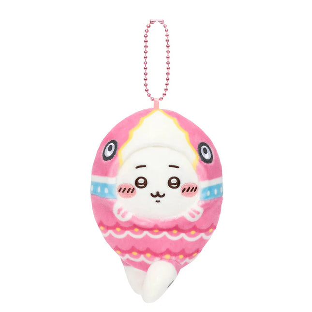 Pink plush hanging mascot with cat face and bead chain