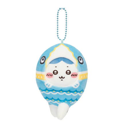 Blue plush hanging mascot with cat face and bead chain