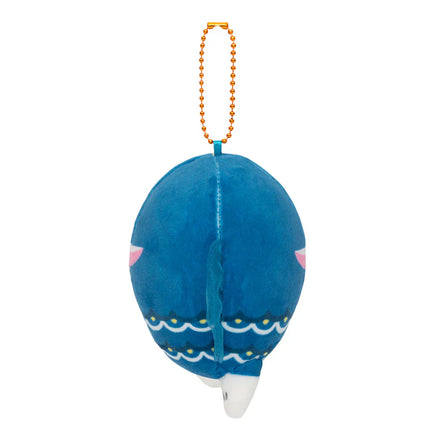 Blue hanging plush mascot with bead loop, scalloped wave trim and small pink cheeks