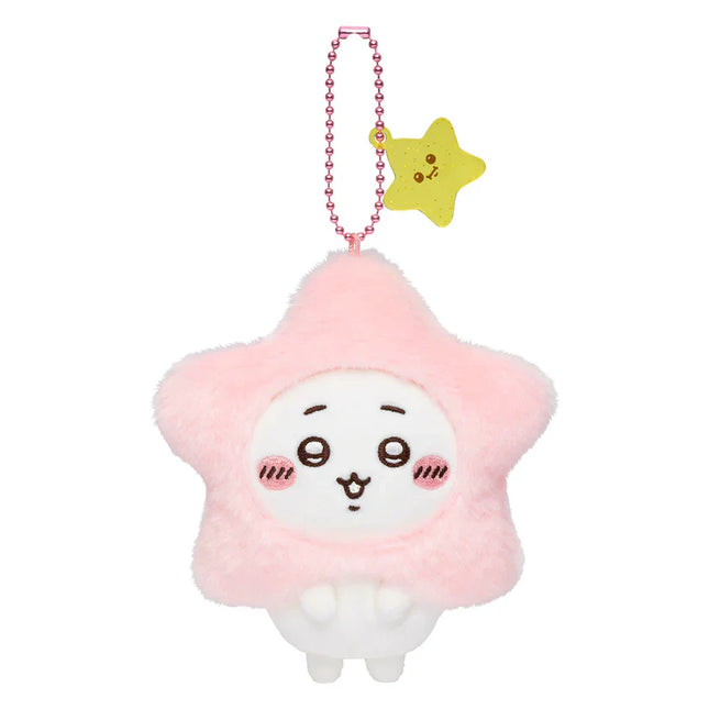 Pink star-shaped plush mascot keychain with red beaded chain and hanging star charm.