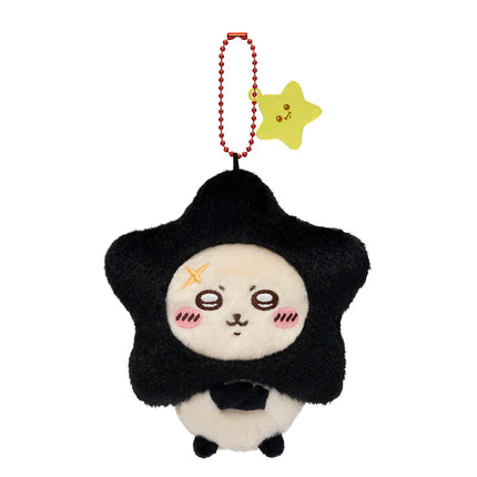 Black star-shaped plush mascot keychain with red beaded chain and hanging star charm.