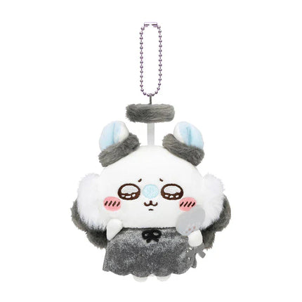 Plush mascot keychain with gray cap, white body and paw mitts, silver chain and outfit