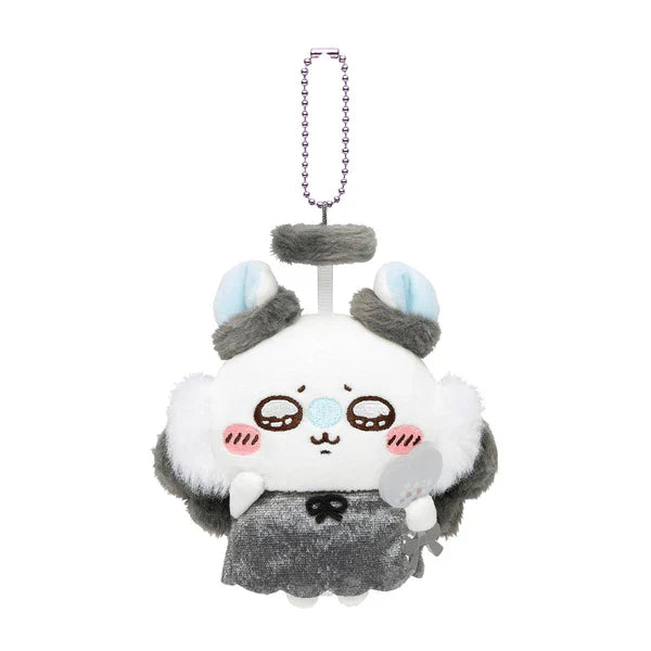 Plush mascot keychain with gray cap, white body and paw mitts, silver chain and outfit