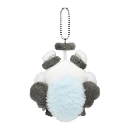 White plush keychain with light blue belly and gray patches, silver bead chain