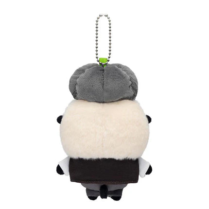 Cream and gray plush keychain with black base and silver bead chain