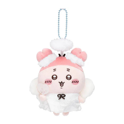 Plush mascot keychain: white character with pink ears and cloud trim, blue chain, smiling face