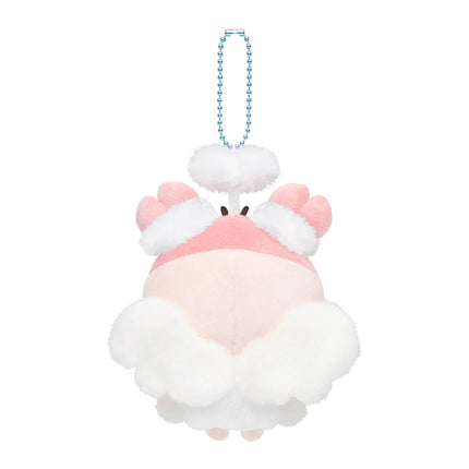 White plush keychain with pink ear accents and blue bead chain