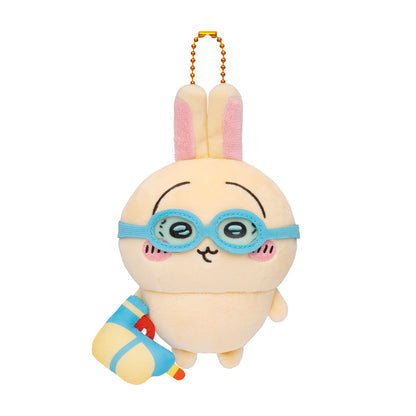 Chiikawa goggle rabbit plush mascot with blue goggles, long gold bead strap