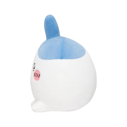 Blue-and-white butt plush mascot side view with pointed blue cap