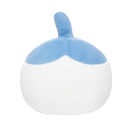 Blue-and-white butt plush mascot back with three-lobed blue fin
