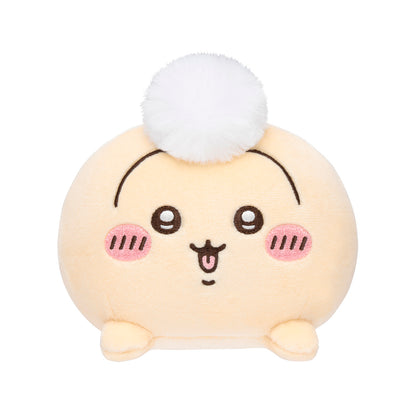 Peach butt plush mascot with fluffy white top tuft and smiling face