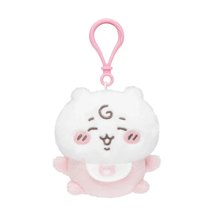 White Chiikawa plush mascot keychain with pink accents and smiling face, round loop