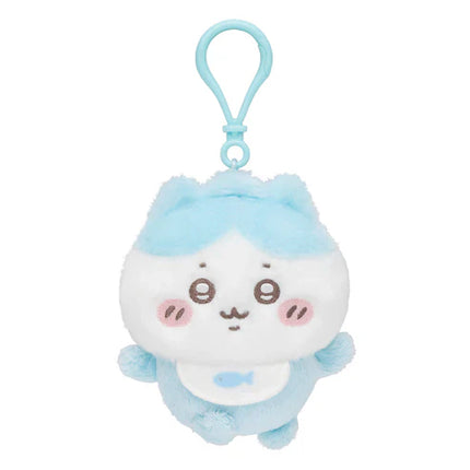 Light blue Chiikawa plush mascot keychain with smiling face and rounded ears, loop