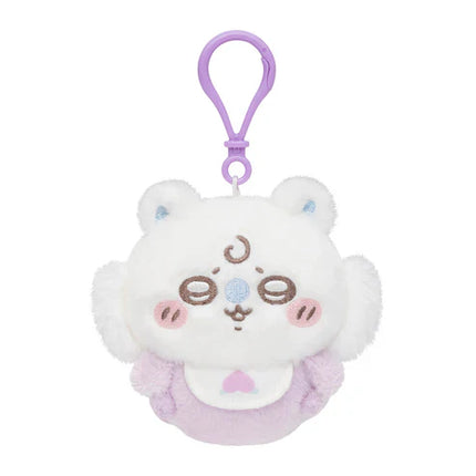 White and purple Chiikawa plush mascot keychain with cute bear face and purple loop