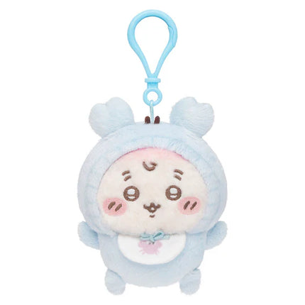 Plush mascot keychain with light blue body and light blue clip, smiling face