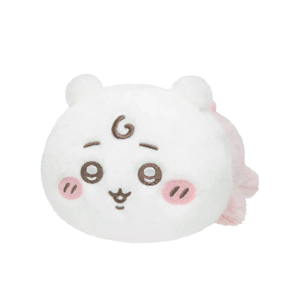 White crawling plush toy with closed-eye smile and embroidered round face, small paws