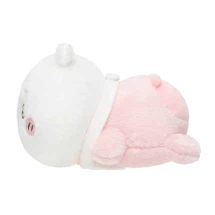 White and pink crawling plush toy in a curled pose, side view.