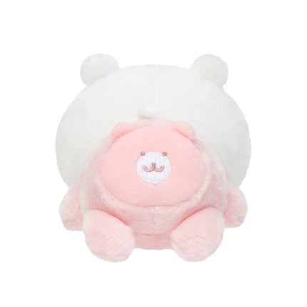 White and pink crawling plush toy with bear ears and a smiley patch on hood.