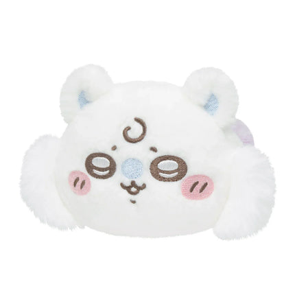 White crawling plush toy with embroidered face, light-blue ear accents, and fuzzy paws