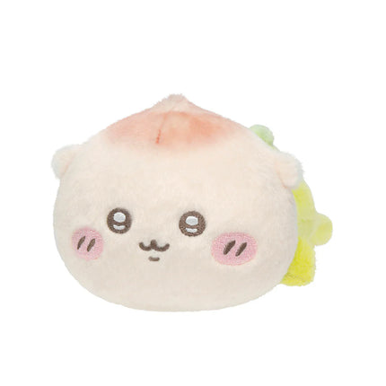 Cream crawling plush toy with embroidered face, pink blush cheeks, and light-yellow side tail
