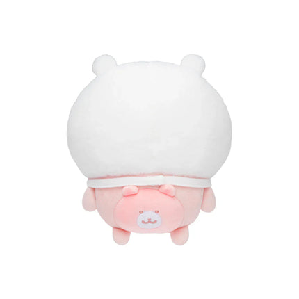 White baby swaddle plush with bear ears and pink smiling character