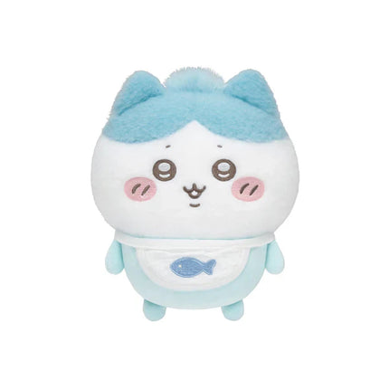 Light blue baby swaddle plush with rounded face and fish-shaped pocket