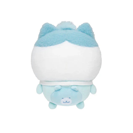 Light blue baby swaddle plush with back view and small blue face on bottom