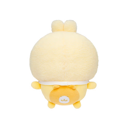 Plush baby swaddle toy with cream hood, yellow details, and smiling face