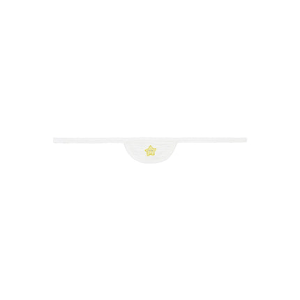 White swaddle blanket with yellow star patch at center