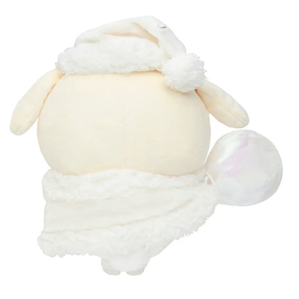 Back view of cream-and-white plush with bunny ears and a light purple heart-shaped accessory.