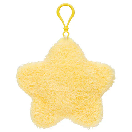 Yellow fuzzy star plush charm with hanging loop.