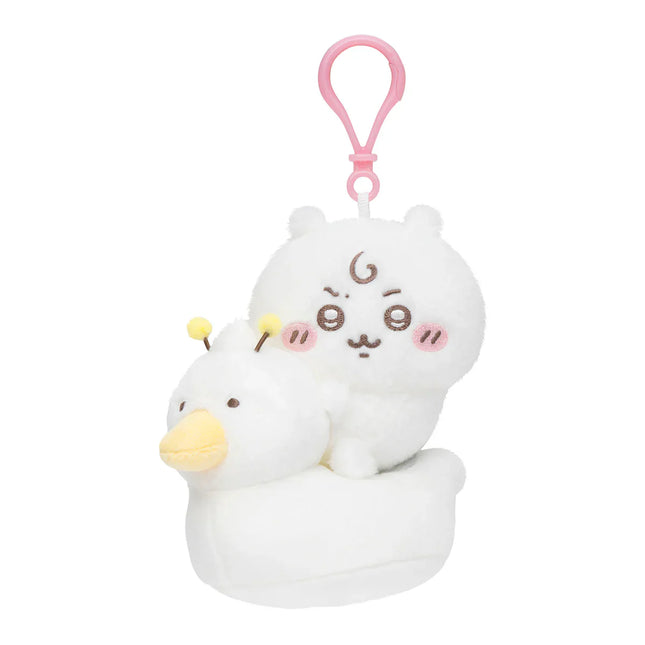 Plush baby potty training mascot with pink hanging strap, white duck-bill design