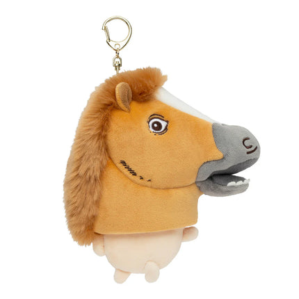 Plush horse-costume mascot keychain with orange mane, gray muzzle, and metal loop