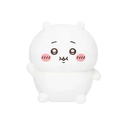 Hand-sized white chubby plush with closed-mouth smile, rosy cheeks, and tiny feet