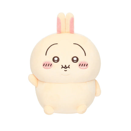 Hand-sized cream rabbit plush with long pink ears, smiling face, and small side arms