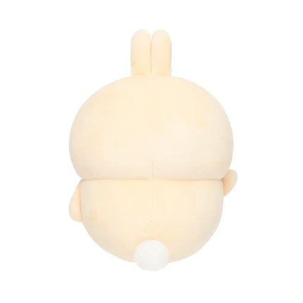Hand-sized cream plush toy, back view with tall ears and rounded body shape