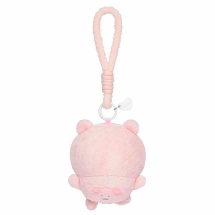 Pink plush character with a loop strap and metal clip keychain attachment