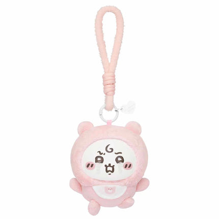Pink plush character keychain with a dangling strap and metal clip