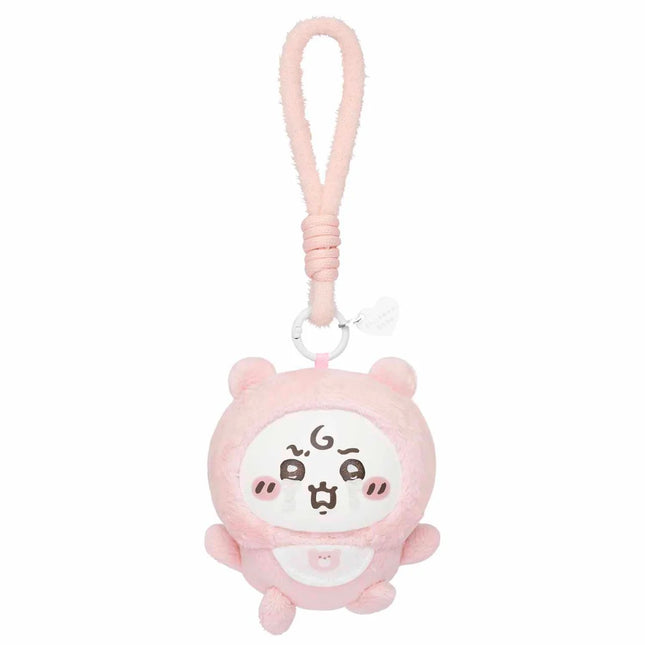 Pink plush character keychain with a dangling strap and metal clip