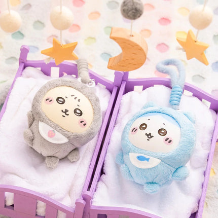 Plush baby charm set: gray and light blue stuffed figures in open box