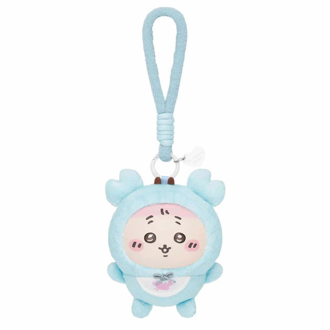 Light blue plush character keychain with loop strap and stitched face charm