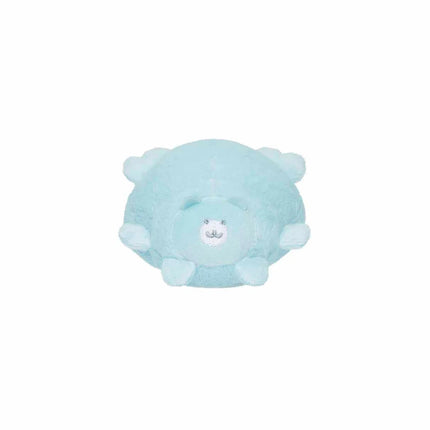 Light blue plush character pillow with stitched face and small center emblem