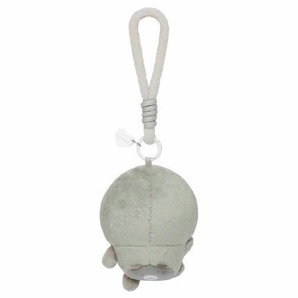 Grey seal plush keychain charm, side view with hanging loop